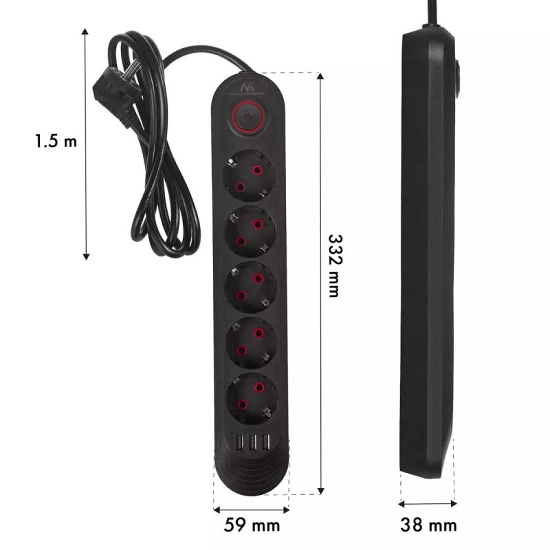 Predlžovacia zásuvka MACLEAN MCE395 B — 5 zásuviek, 3×USB, 110–240V AC, 2,1A USB, 2500W, 1,5 m kábel, čierna