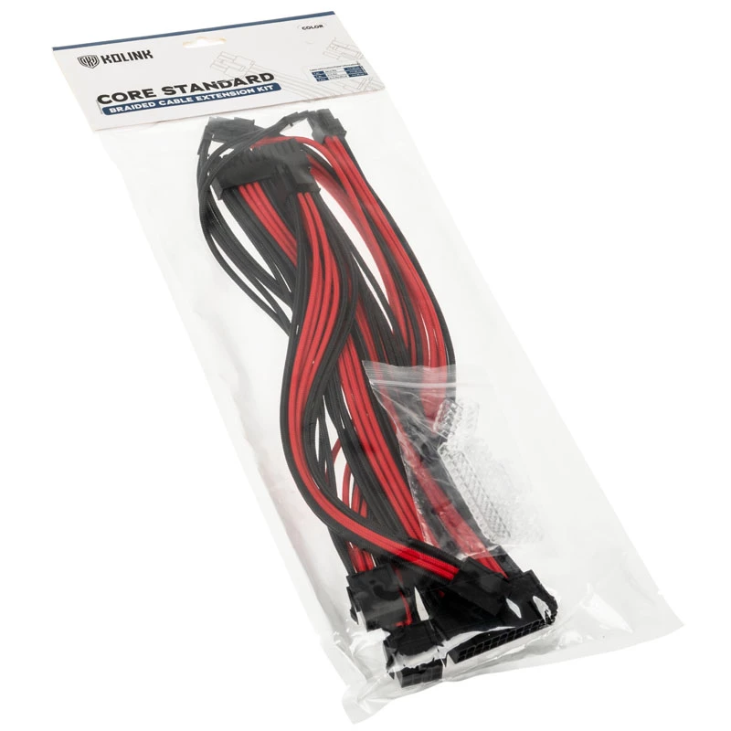 Kolink Core Standard Braided sada predlžovacích káblov – hlbokočierna / racing-červená, 24-pin + 8-pin + 6+2-pin + SATA