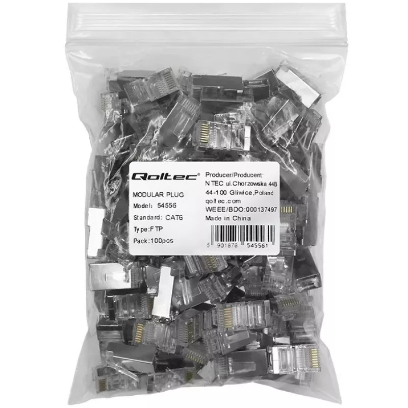 RJ45 modulárny konektor samec QOLTEC 54556 CAT6 FTP, strieborný, 18×22×11 mm, balenie 100 ks