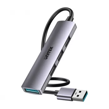 USB hub Unitek H1208CGY01 — 4-portový USB 3.0 (5 Gbit/s), spätne kompatibilný s USB 2.0, hliník