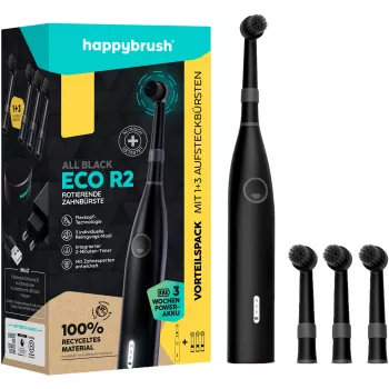 happybrush ECO R2 Allblack, dospelý, vibračná zubná kefka, hĺbkové čistenie, leštenie, citlivá, 8800 pohybov za minútu, čierna, Nemecko