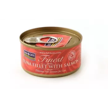 Mokré krmivo pre mačky FISH4DOGS tuniakové filé s lososom 70 g vrecko, dospelé, rybia príchuť, 85 % vlhkosť