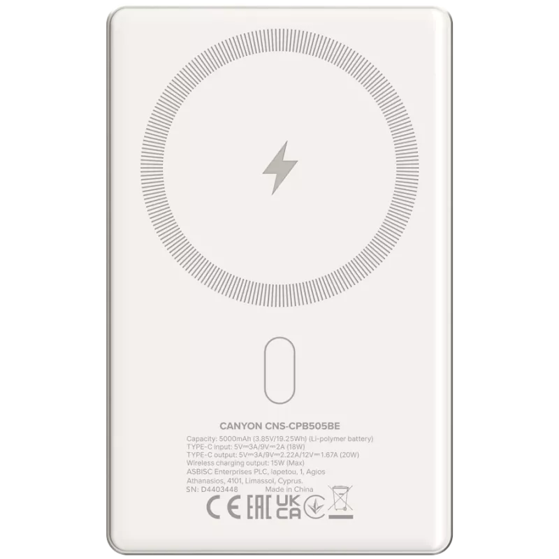 Canyon OnPower 505 - powerbanka - 5 000 mAh - vstup USB-C - výstup USB-C PD 20W + Wireless Magnet 1