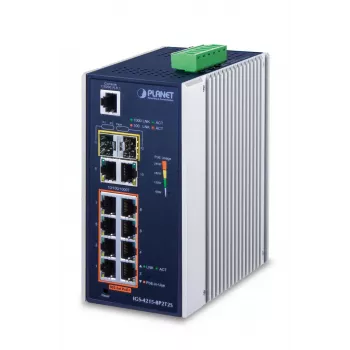 Upravovaný switch PLANET IGS-4215-8P2T2S — 10x Gigabit RJ-45, 2x SFP, 8x PoE+ (240W), 48–56V DC, L2/L4, IP30, montáž na DIN lištu/stenu