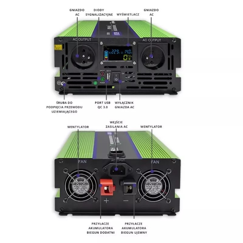Automobilový menič Qoltec Monolith 6000 W zelený 12 V