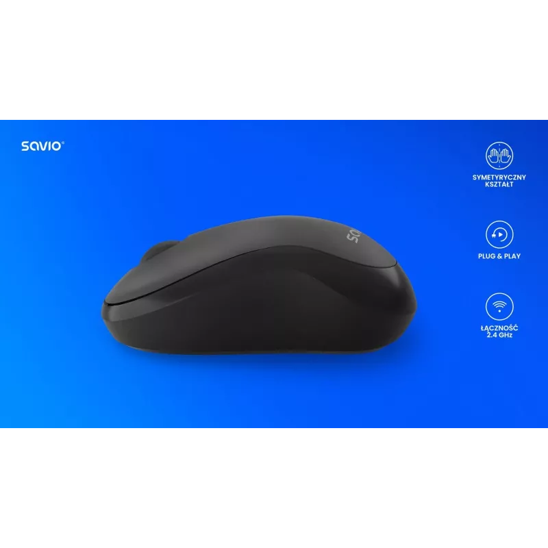 Savio MB-03 bezdrôtová optická myš, USB prijímač 2,4 GHz, 1000 DPI, 3 tlačidlá, batéria AA, 99x60x39 mm, 51 g, čierna