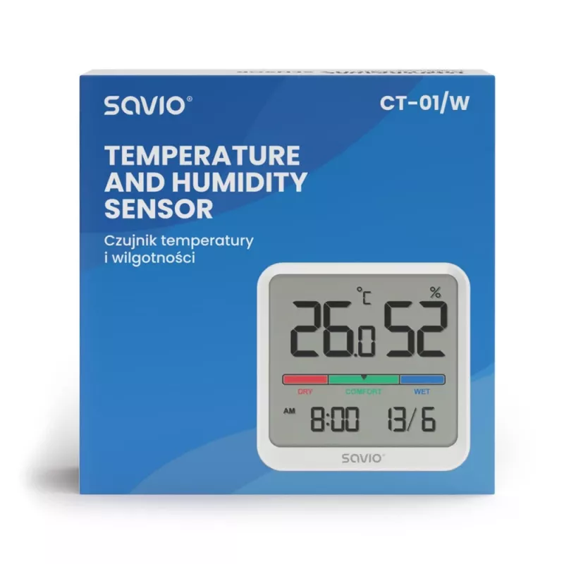 Senzor teploty a vlhkosti interiéru SAVIO CT-01/W, LCD displej, -10–55 °C, 10–99 % rF, batéria CR2032