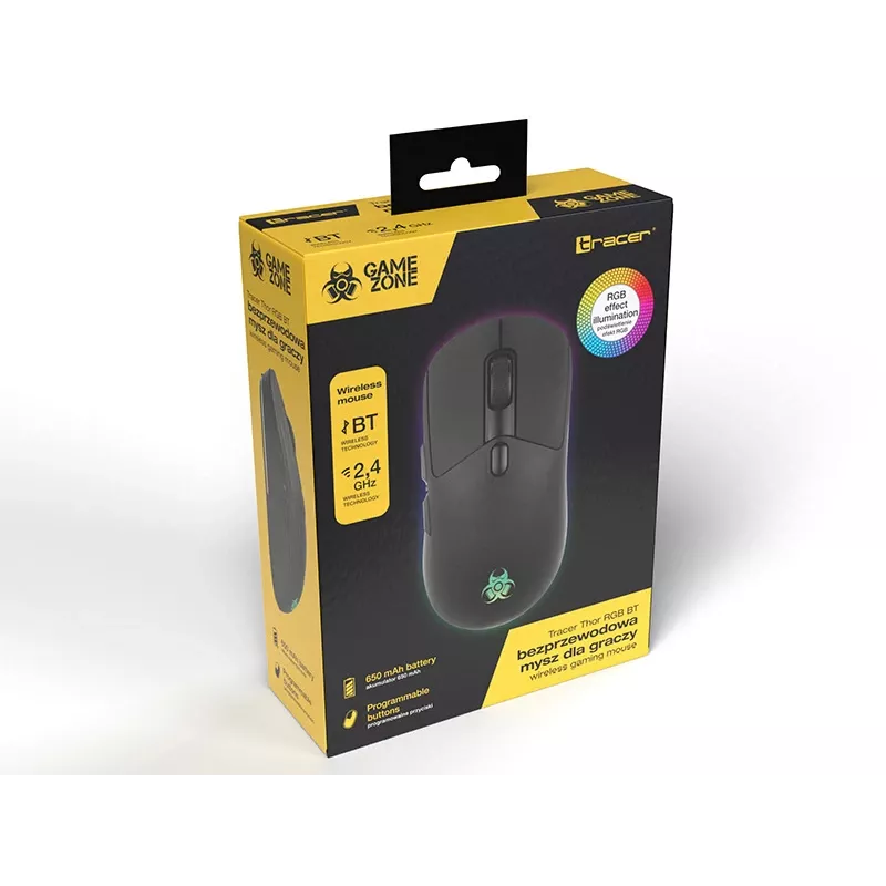 Tracer GameZone Thor RGB bezdrôtová herná myš, 2,4 GHz + Bluetooth, 10000 DPI, čierna