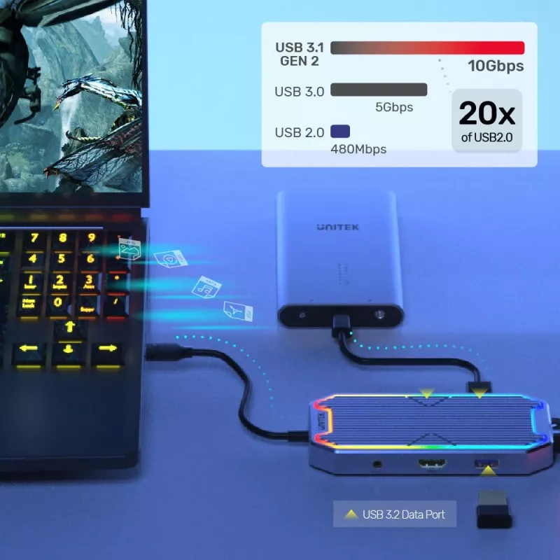 Unitek uHUB S7+ D1029A USB-C rozbočovač, USB 3.2 Gen 2 10 Gbps, HDMI 2.0, Gigabit RJ45, audio 3,5 mm, 100 W, sivý