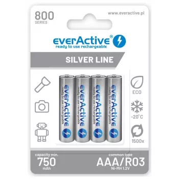Nabíjacie AAA NiMH batérie everActive EVHRL03-800 – 1,2 V, 4 ks, valcové 44,5×10,5 mm