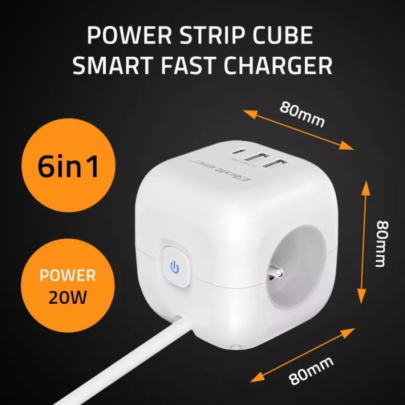 Power Cube QOLTEC 52547 predlžovacia zásuvka 3×AC zásuvky, 2×USB-A, 1×USB-C PD 20W