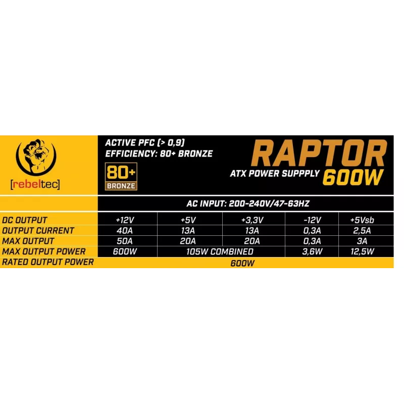 Napájací zdroj RAPTOR 600W BRONZE 80+, Single Rail, DC-DC