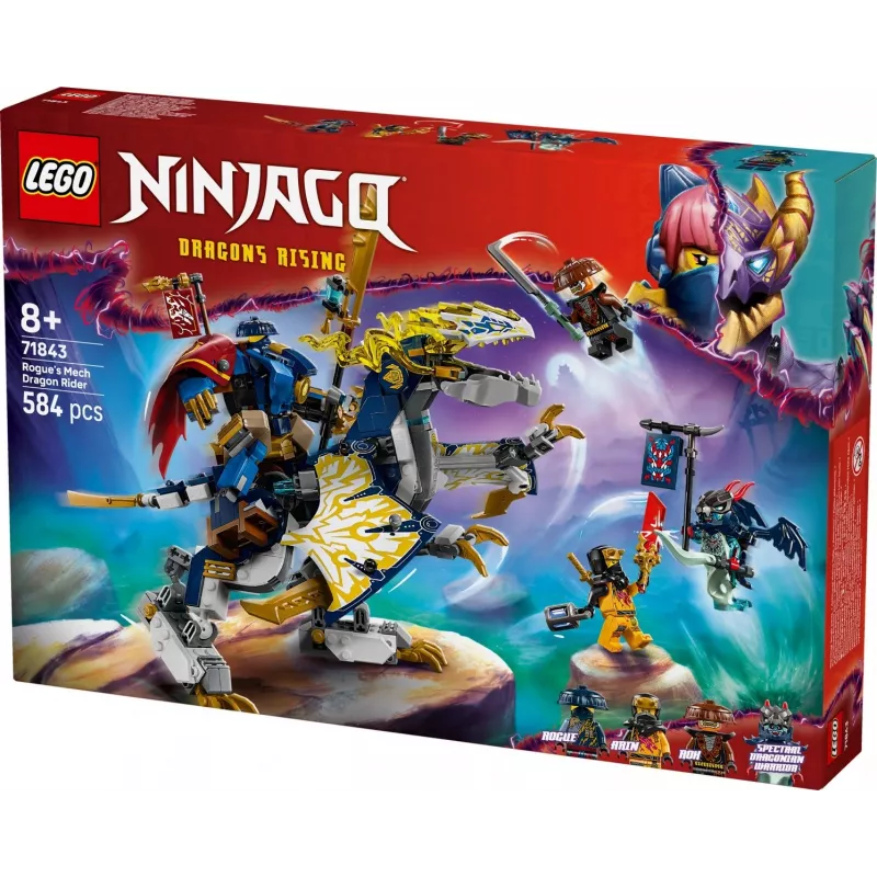 LEGO NINJAGO set 71843 Rogue’s Mech Dragon Rider — 584 dielov, 4 minifigúrky, výška modelu 190 mm