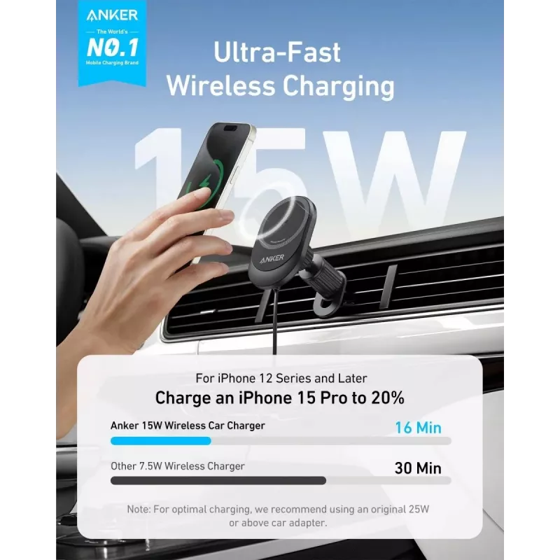 Bezdrôtová magnetická autonabíjačka Anker MagGo 15W — magnetické 15W Qi rýchlonabíjanie pre smartfóny, čierna