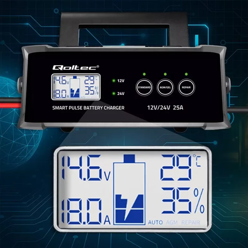 Nabíjačka batérií QOLTEC 52514 — 12V/24V, 25A, pre AGM/GEL/SLA batérie s LCD displejom