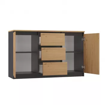Komoda Topeshop 2D3S ANT/ART BA KPL — antracitová a dubová, 3 zásuvky, konštrukcia z drevotriesky