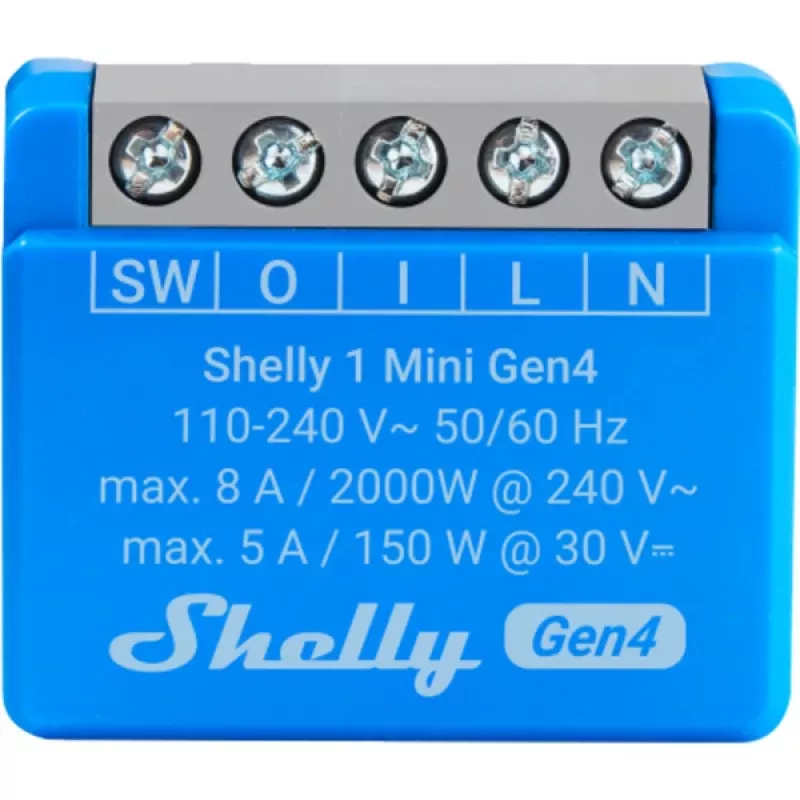 Kompaktný inteligentný reléový modul Shelly 1 Mini Gen4, 1P 8A, Wi‑Fi/Matter/Zigbee/Bluetooth, 110–240 V (2 kusy)