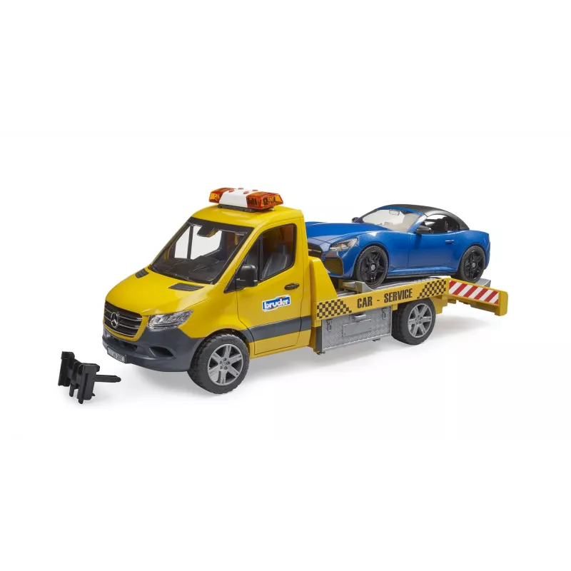 Bruder MB Sprinter autotransportér so svetelným a zvukovým modulom, oranžový/modrý, vrátane roadstera