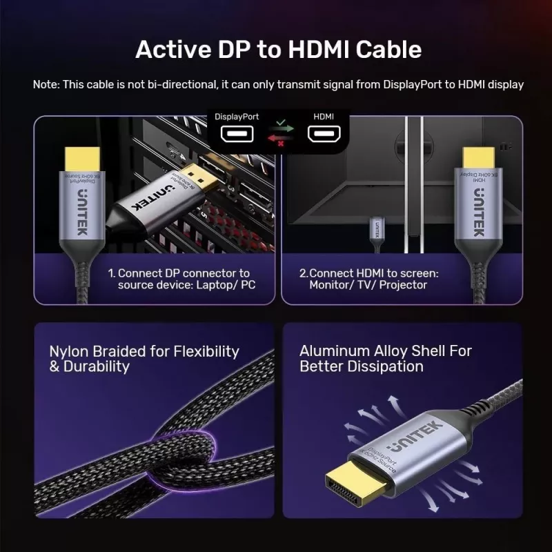 UNITEK KÁBEL DISPLAYPORT 1.4 NA HDMI 2.1, 8K, 1,8 M