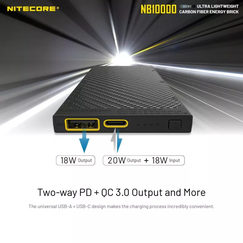 Prenosná powerbanka Nitecore NB10000 — 10000 mAh, USB‑A + USB‑C, 38 W celkový výstup, sivá