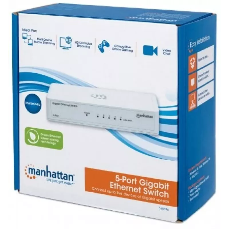 Manhattan 5-portový Gigabit Ethernet switch, veľkosť pre stôl, plast, IEEE 802.3az (Energy Efficient Ethernet), záruka tri roky, box