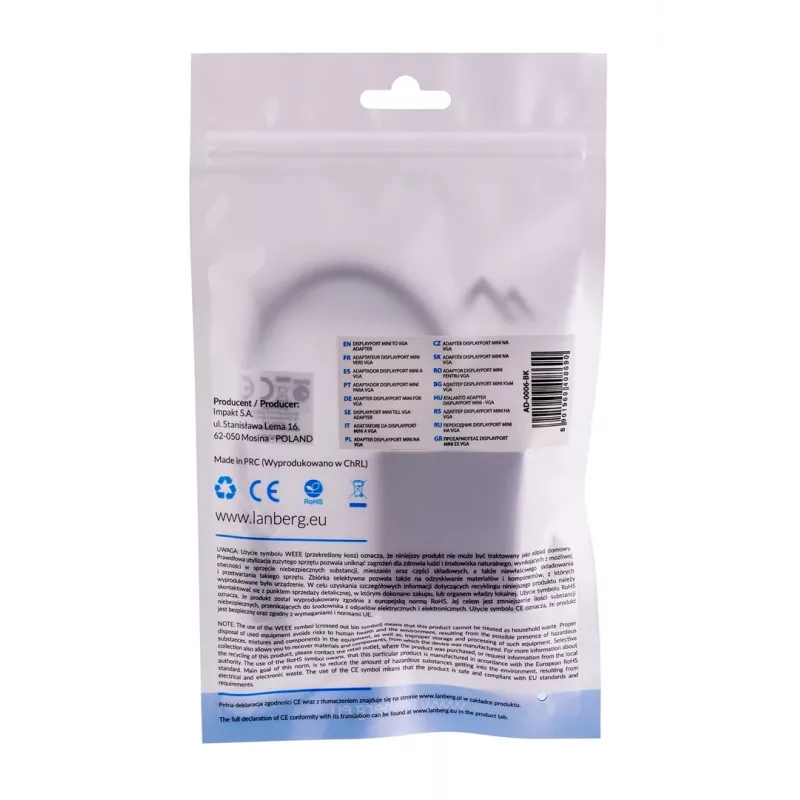 VGA (D-Sub) na Mini DisplayPort adaptérový kábel LANBERG AD-0006-BK, 0,2 m, DisplayPort 1.2, 1920×1200@60Hz, MiniDP konektor samica, čierny