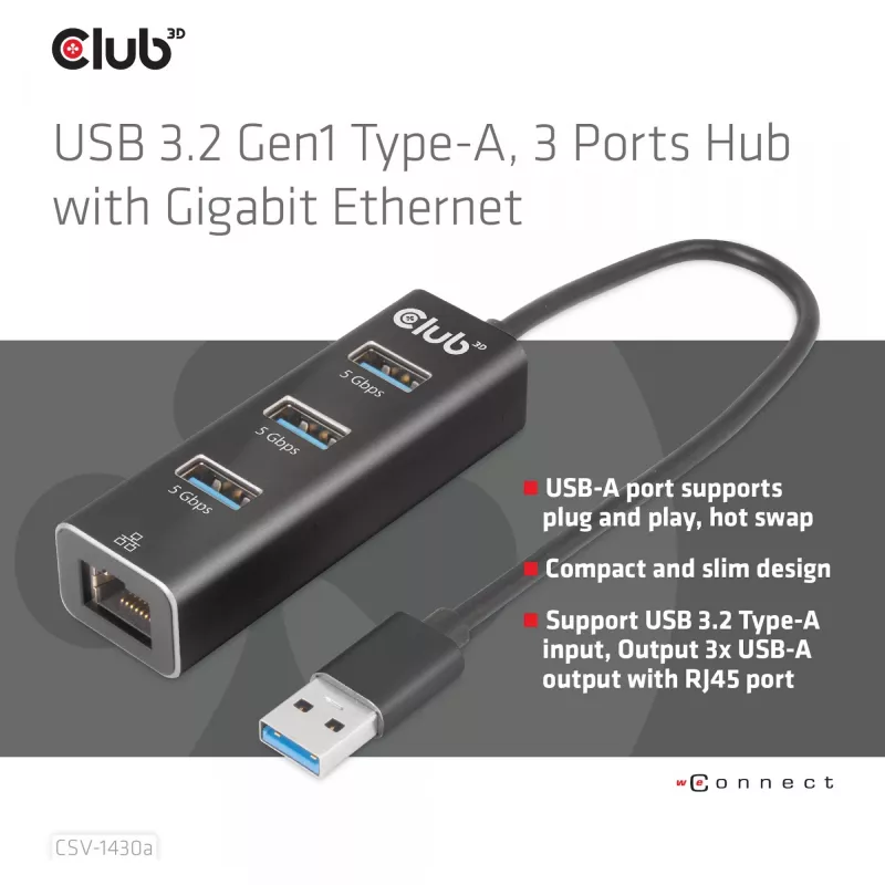 USB hub CLUB3D USB 3.2 Gen1 Type-A s 3 portami a Gigabit Ethernet