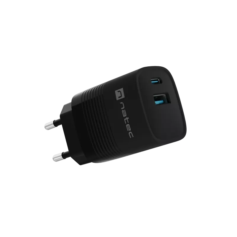 NATEC káblová nabíjačka pre mobilné zariadenia NUC-2141, 30W, USB-C PD 3.0 + USB-A QC 3.0, 110–240V, čierna