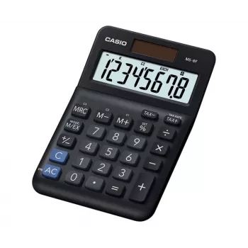 Stolná základná kalkulačka CASIO MS-8F – 8-miestna, batéria/solár, 26 tlačidiel, menové a daňové funkcie, výpočet zisku, čierna