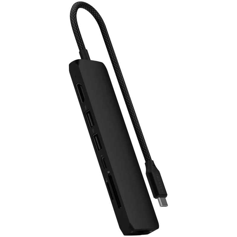 Satechi 7-in-1 USB-C slim multiport adaptér Ethernet (USB-C PD, 2x USB-A, HDMI 4K, Ethernet, čítačka kariet micro/SD) (čierna)
