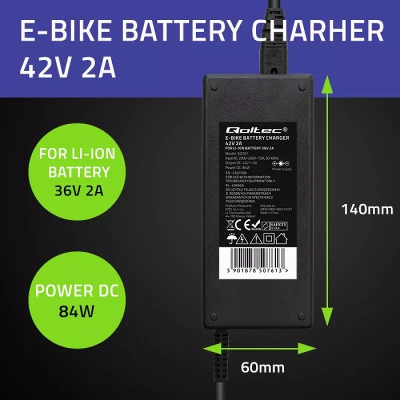 Qoltec 50761 nabíjačka pre e-bike batérie 36V | 42V | 2A | 5,5*2,5
