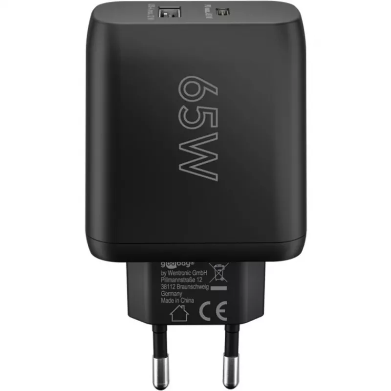 USB-C duálna rýchlonabíjačka, PD, GaN, 65 wattov (čierna, 1x USB-C, 1x USB-A, Power Delivery)