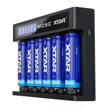 XTAR MC6C nabíjačka viacslotová inteligentná nabíjačka pre cylindrické Li-Ion články, 6 slotov, podporuje 18650/21700/AA, 5V vstup, čierna