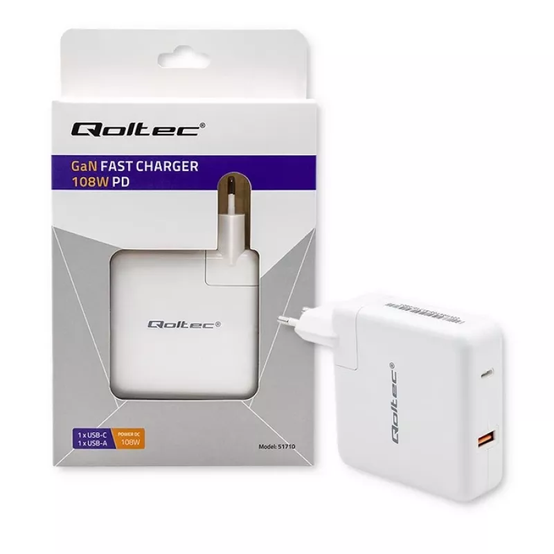 Qoltec GaN nabíjačka FAST 108W | 5-20V | 3-4.7A | USB C | biela