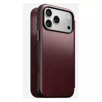 Puzdro na telefón Nomad Modern Leather Folio pre iPhone 17 Pro Max — koža, TPU, PC, hliník, bordová, 16 cm (6,3 palcov)
