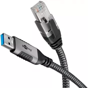 Ethernetový kábel USB-A 3.2 Gen1 konektor samec > RJ-45 konektor samec, LAN adaptér čierny/strieborný, 5 metrov, pletený textilný plášť