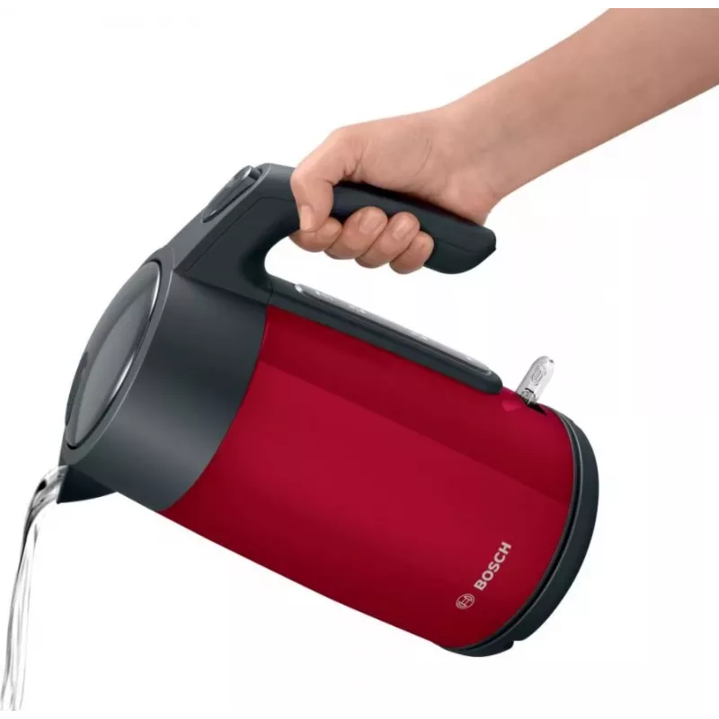 Elektrická kanvica Bosch TWK7L464 – objem 1,7 L, 2400 W, červená, plastové telo