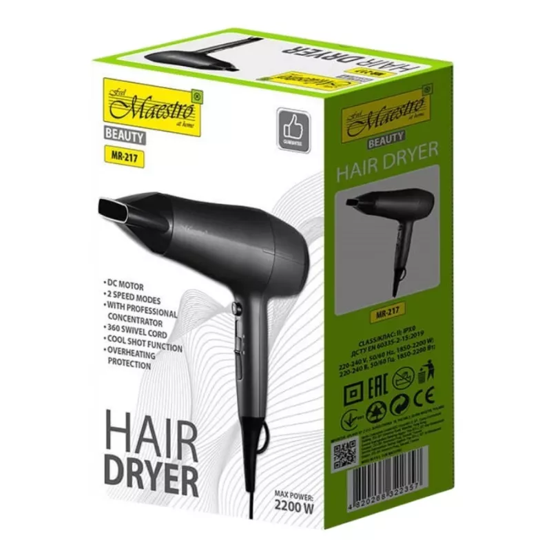 Fén Maestro MR-217 2200 W, DC motor, 2 rýchlosti, studený vzduch, stylingová tryska, čierno-grafitový