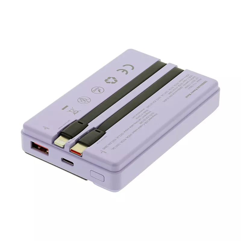 Prenosná powerbanka Tellur TLL158441, 10000 mAh, integrovaný USB-C a Lightning kábel, fialová