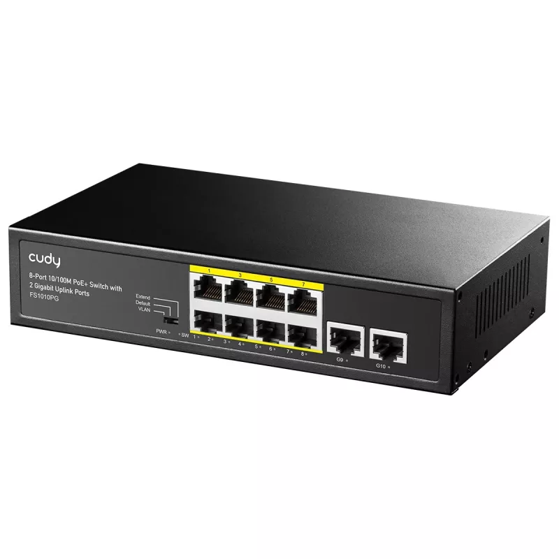 Sieťový switch Cudy FS1010PG — 10/100 Mbps, 8 PoE portov, 2 Uplink, 120W PoE rozpočet, kovové puzdro