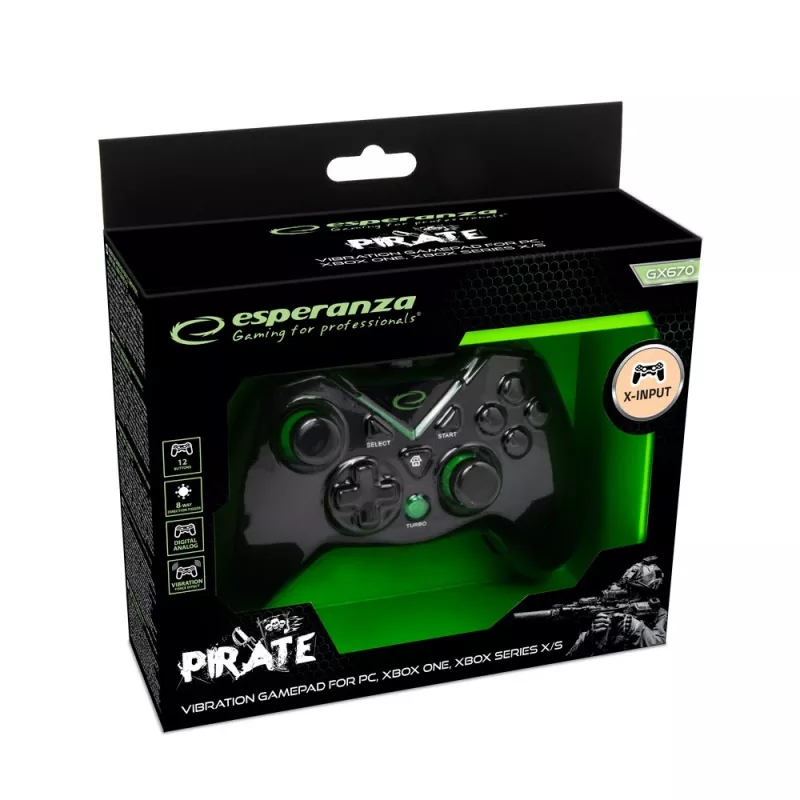 Esperanza EGG114K Pirate gamepad, USB 2.0, analógový/digitálny, pre PC, Xbox One, Xbox Series X/S, čierny