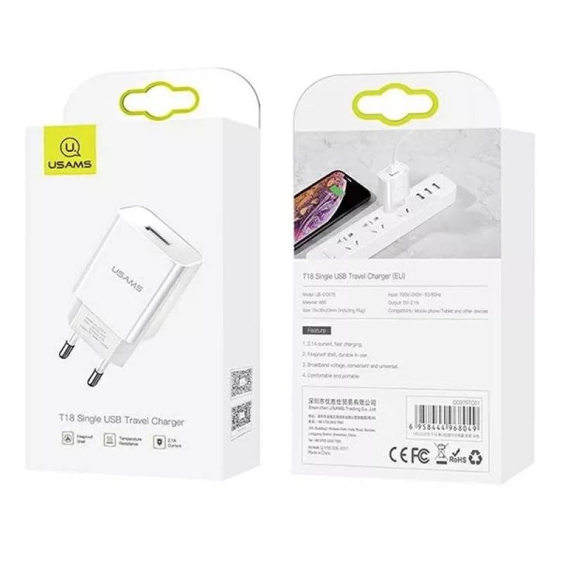 Nabíjačka usams T18 single USB 2.1A iba hlava