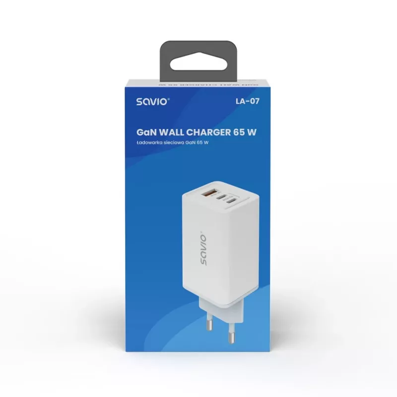 SAVIO LA-07 GaN 65W napájací zdroj, USB, QC4.0+, PD 3.0, biely