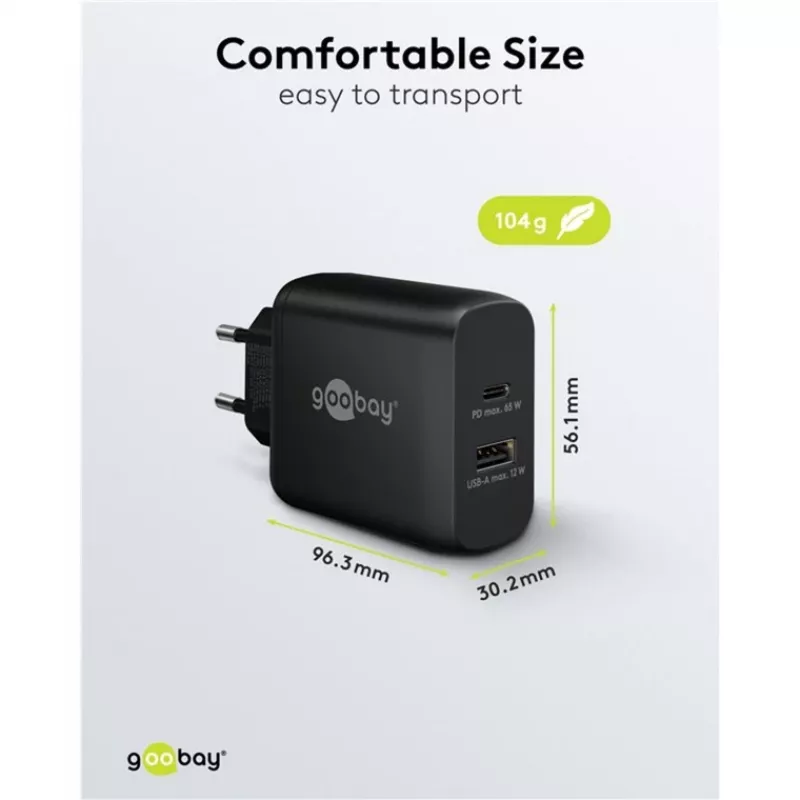 USB-C duálna rýchlonabíjačka, PD, GaN, 65 wattov (čierna, 1x USB-C, 1x USB-A, Power Delivery)