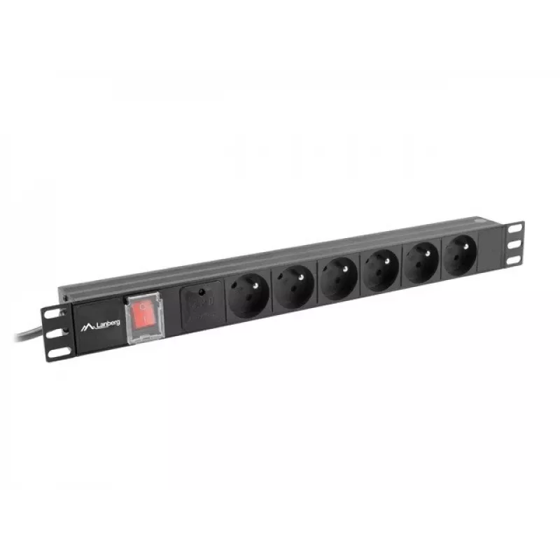 Rozvodná jednotka LANBERG PDU-06E-0200-BK — 6x výstupy typu E, 16 A, kábel 2 m, 1U rack, 220–250 V
