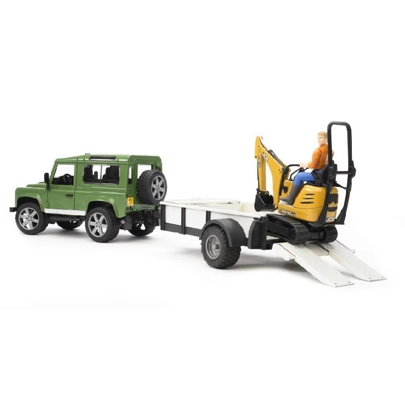 BRUDER Land Rover Defender s prívesom CAT a figúrkou, hračkárske vozidlo