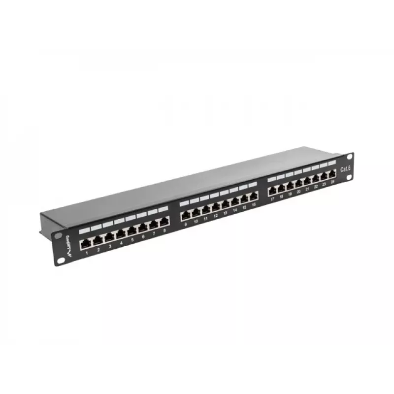 Patch panel 1U LANBERG PPS6-1024-B, 24-portový Cat6, kov, čierny, 442×114,5×44,5 mm