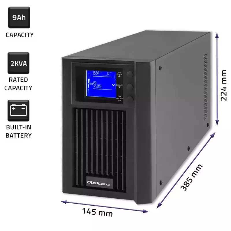 Záložný zdroj QOLTEC 53981 On line 2kVA, kapacita 2000 VA