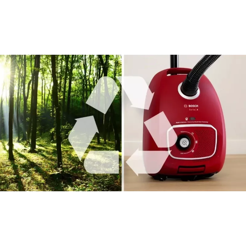 Vysávač Bosch BGB 41RD3H — 600 W, 4 l vrecko, HEPA filter, 11 m akčný rádius, teleskopická trubica, červený