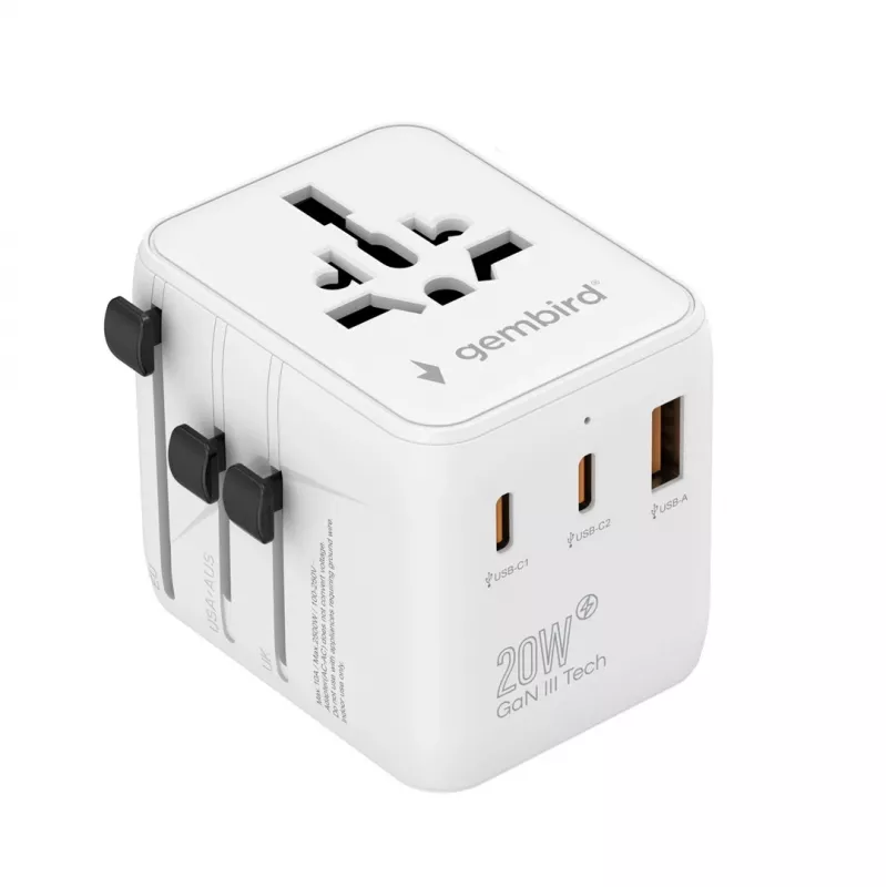 Cestovný napájací zdroj GEMBIRD TPA-1A2C20-01-W — 20 W, USB-A (18 W) + 2× USB-C (20 W), zástrčka typ E, biela